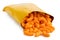 Open packet of extruded cheese puffs spilling out isolated on white