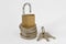 Open padlock on stack of coins with keys on white background - Concept of financial security