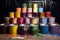 open paint cans with colorful lids