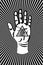 Open palm with all seeing eye sacred Masonic symbol, third eye of Providence, triangle pyramid. New World Order. Grunge alchemy