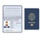 Open passport. Id document male photo page legal sample international passport vector template