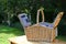 Open picnic basket on wooden table