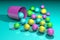 Open pink capsule with colorful medicinal granules. Pharmacy drugstore. Antibiotic capsule. Probiotic capsule. Vitamin