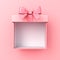 Open pink gift box or top view of blank pink pastel color present box tied with pink ribbon and bow on pink