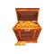 Open pirate chest full of golden coins. Shiny treasures in old wooden box. Symbol of wealth riches. Cartoon flat vector