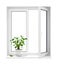 Open plastic window with flowerpot on windowsill