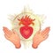 Open praying hands around sacred heart of Jesus. Hope faith and