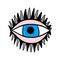 Open psychedelic blue eye hand drawn vector logo illustration in cartoon comic style print poster make up