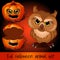 Open pumpkin and evil owl on a red background