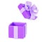 Open purple gift box 3d render illustration - surprise pack with glossy ribbon and bow and flying cap.