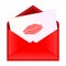 Open red envelope with lipstick kiss on letter