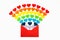 Open red envelope with lots of rainbow colors hearts coming out and spread over the white background