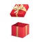 Open red gift box and gold ribbon isolated on white background. Use for christmas, new year, package