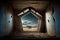 open roof window in ruined empty abandoned house