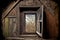 Open roof window in ruined empty abandoned house