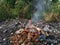 Open rubbish burning along the rural roadside.