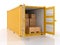 Open shipping container with cardboard boxes and palletes