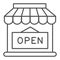 Open shop building thin line icon, market concept, Store with open signboard on white background, Store with sign open