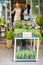 Open sign and potted plants with young florists standing behind in flower shop