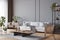 Open space living room interior mockup, white sofa, rattan chair, lots of fresh plants and wooden coffee table, empty dark classic