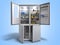 Open Stainless steel modern refrigerator on blue 3d illustration