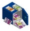 Open steel safe with bundles of Euro money. Stacks of cash. Isometric, isolated vector