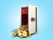Open steel safe with gold dollar coins 3d render on bue gradient