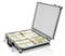 Open suitcase with dollars on white background