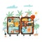 Open suitcases with travel things, icons and objects. Baggage, luggage traveling comcept woth man character and palm