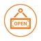 Open, tag, label, offer icon. Orange vector sketch