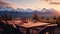 Open terrace with dinner in the mountains. Generative AI