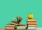 Open textbook, pile of books in colorful covers and green apple on wooden table with mint green background. Distance home