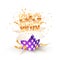 Open textured violet box with confetti explosion inside and big win gold word on white background. Isolated giftbox vector