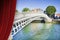 Open theater red curtains against the most famous bridge in Dublin called