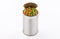 Open tin cans  Peas and carrots on white background high view