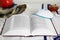 Open Torah, kippah and shofar on fabric, closeup. Rosh Hashanah celebration