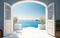 Open traditional wooden doors leading to a bright and serene Mediterranean seascape, symbolizing new beginnings, opportunities