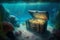 Open treasure chest at the bottom of the sea. Generative AI.