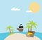 Open treasure chest and pirates stuff on a desert island flat design