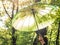 Open umbrella in hand on green nature background with leaf shadows. Bright parasol in sunny spring day concept. Summer