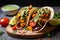 an open vegan taco with roasted veggies and avocado cream