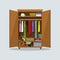 Open wardrobe with clothes. Closet with clothes, dresses, shirts, boxes and shoes. Natural wooden Furniture. Vector