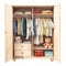 open wardrobe with neatly organized children\\\'s clothing and toys on a simple light background