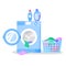 Open washing machine and laundry basket with clothes, bottles with liquid detergents, vector illustration