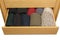 Open a well-organized drawer box, top view, white background