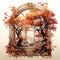 open window with an autumn view illustration, isolated on a white background