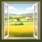 Open window with beautiful green field landscape. Landscape sunny meadow, green hills, agricultural pastures. Good ecology. Rustic