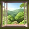 Open window with beautiful green hills landscape. Landscape sunny meadow, green field, agricultural pastures. Good ecology. Rustic