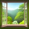 Open window with beautiful green hills landscape. Landscape sunny meadow, green field, agricultural pastures. Good ecology. Rustic