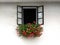 Open window decorated with beautiful bright geranium flowers